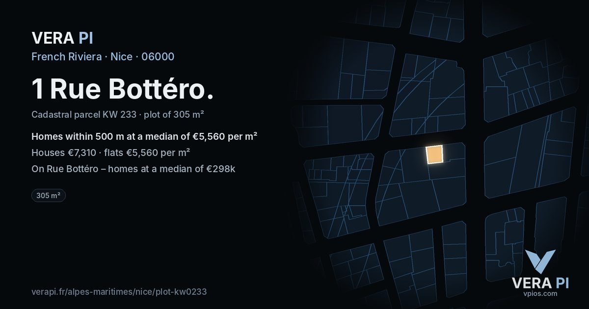 1 Rue Bottéro, Nice at night – the plot lit, the parcels around coloured by the prices near them