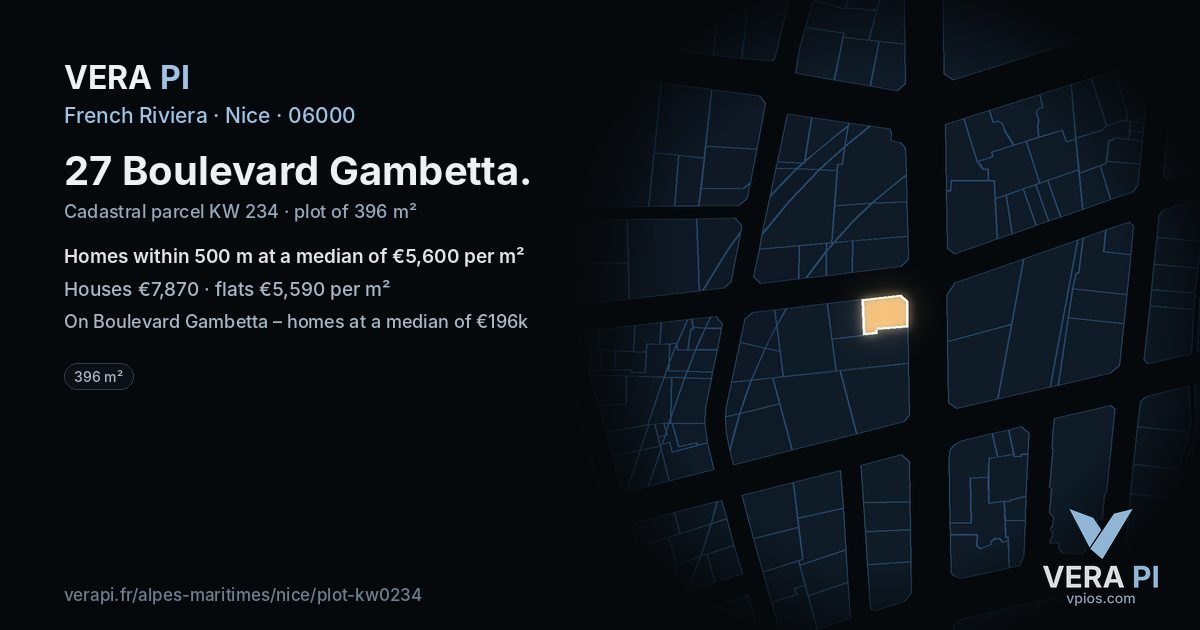 27 Boulevard Gambetta, Nice at night – the plot lit, the parcels around coloured by the prices near them