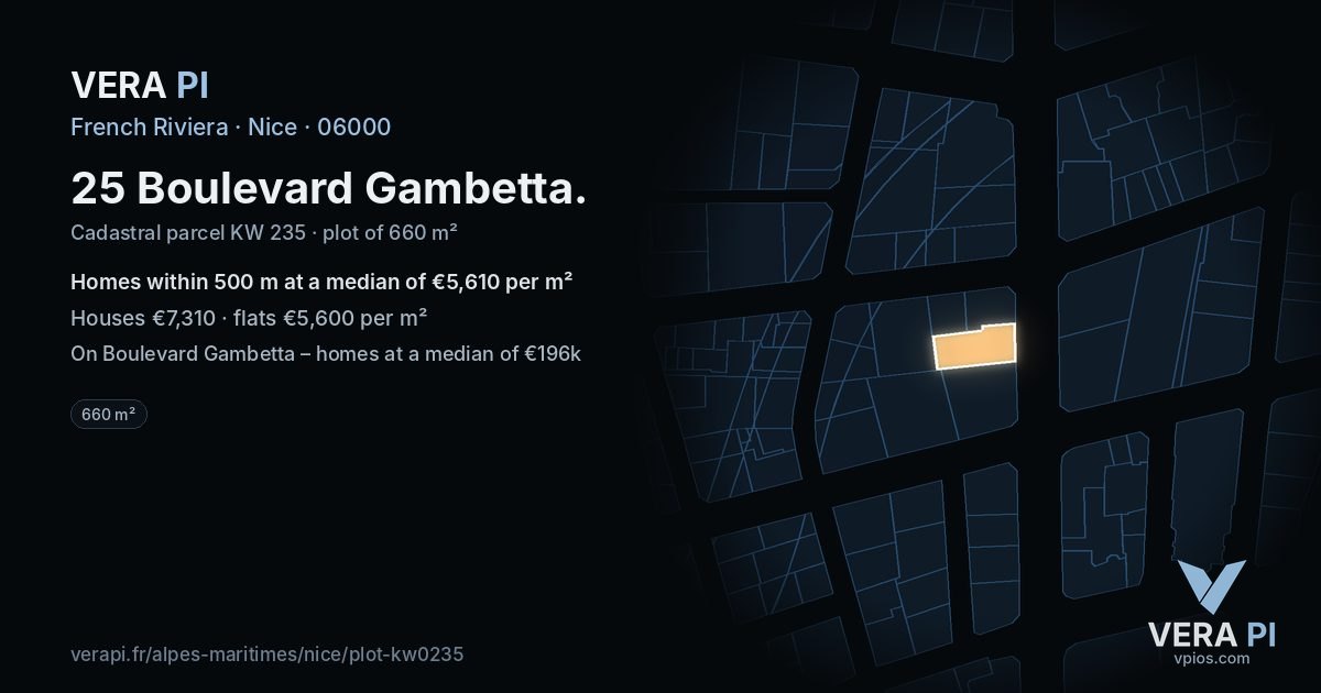 25 Boulevard Gambetta, Nice at night – the plot lit, the parcels around coloured by the prices near them