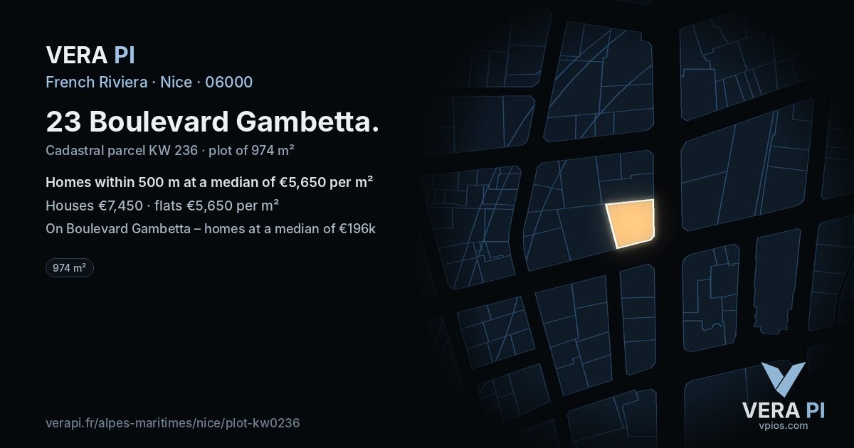 23 Boulevard Gambetta, Nice at night – the plot lit, the parcels around coloured by the prices near them