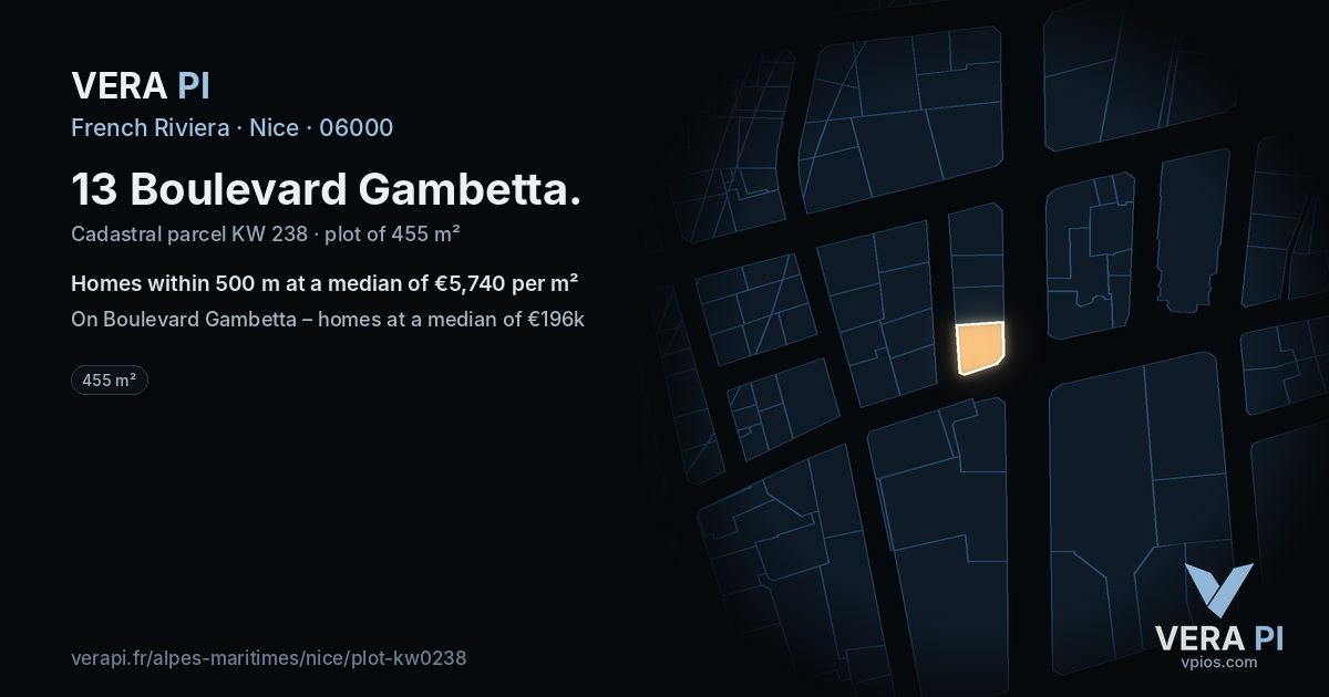 13 Boulevard Gambetta, Nice at night – the plot lit, the parcels around coloured by the prices near them