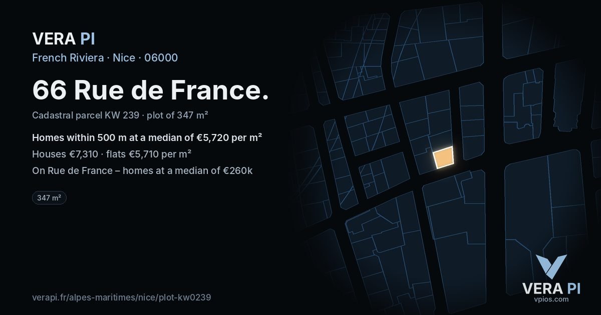 66 Rue de France, Nice at night – the plot lit, the parcels around coloured by the prices near them
