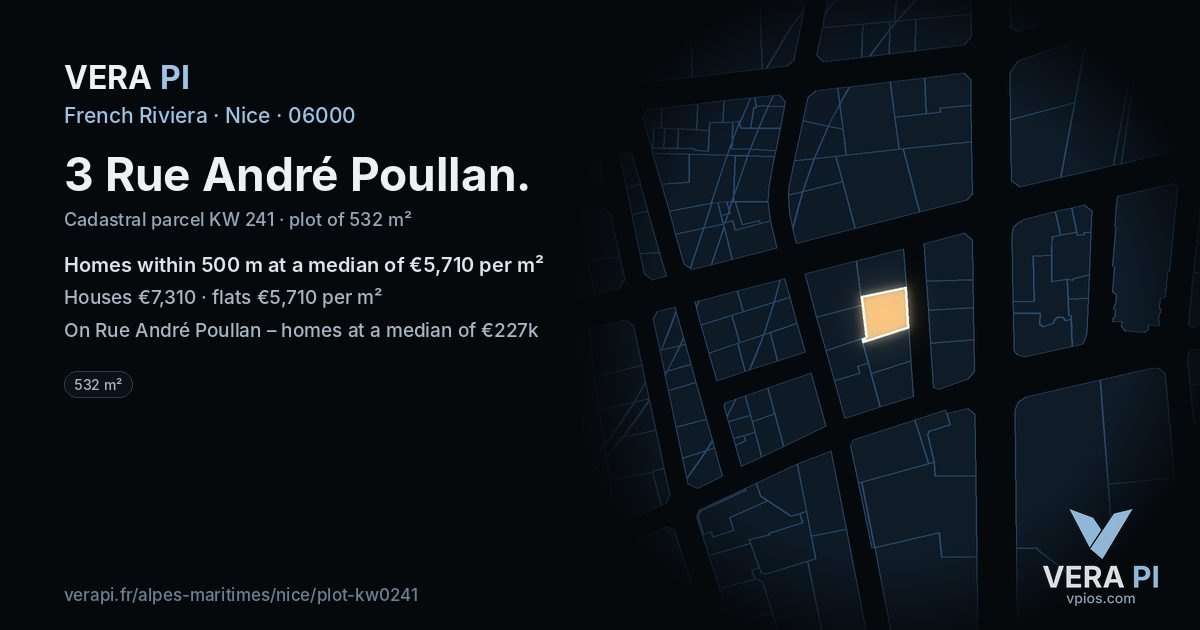 3 Rue André Poullan, Nice at night – the plot lit, the parcels around coloured by the prices near them