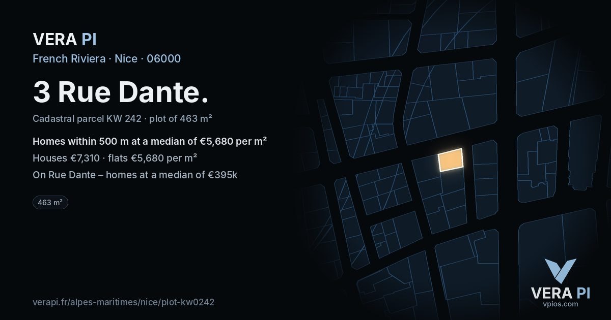 3 Rue Dante, Nice at night – the plot lit, the parcels around coloured by the prices near them