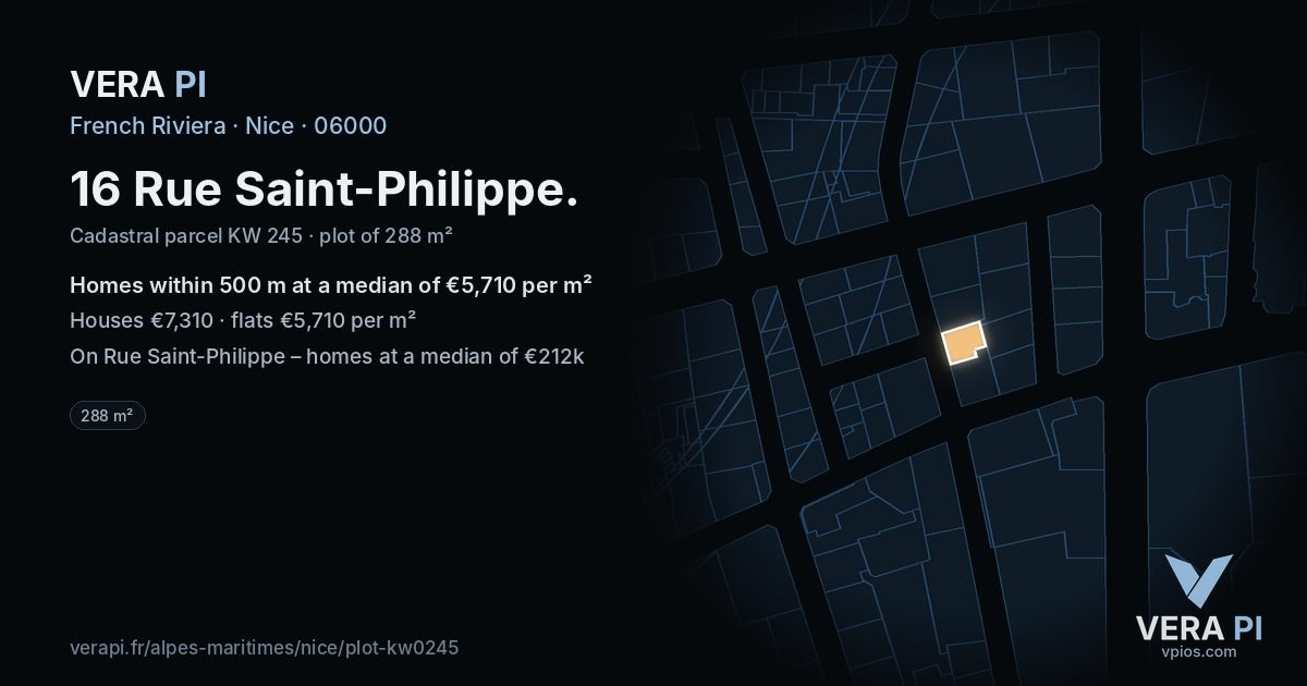 16 Rue Saint-Philippe, Nice at night – the plot lit, the parcels around coloured by the prices near them
