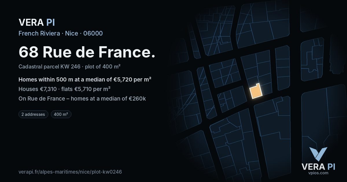 68 Rue de France, Nice at night – the plot lit, the parcels around coloured by the prices near them