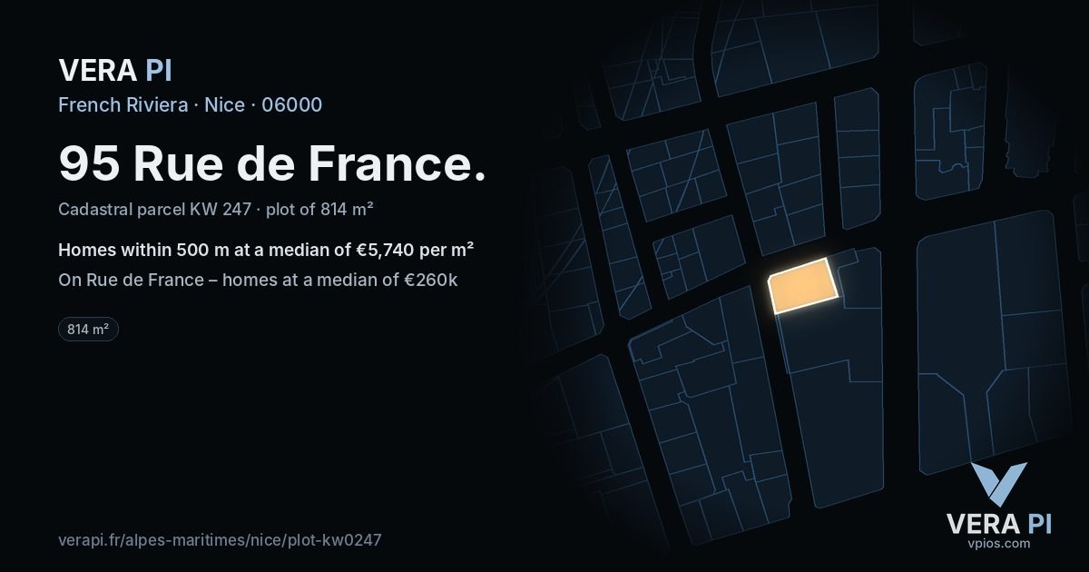 95 Rue de France, Nice at night – the plot lit, the parcels around coloured by the prices near them