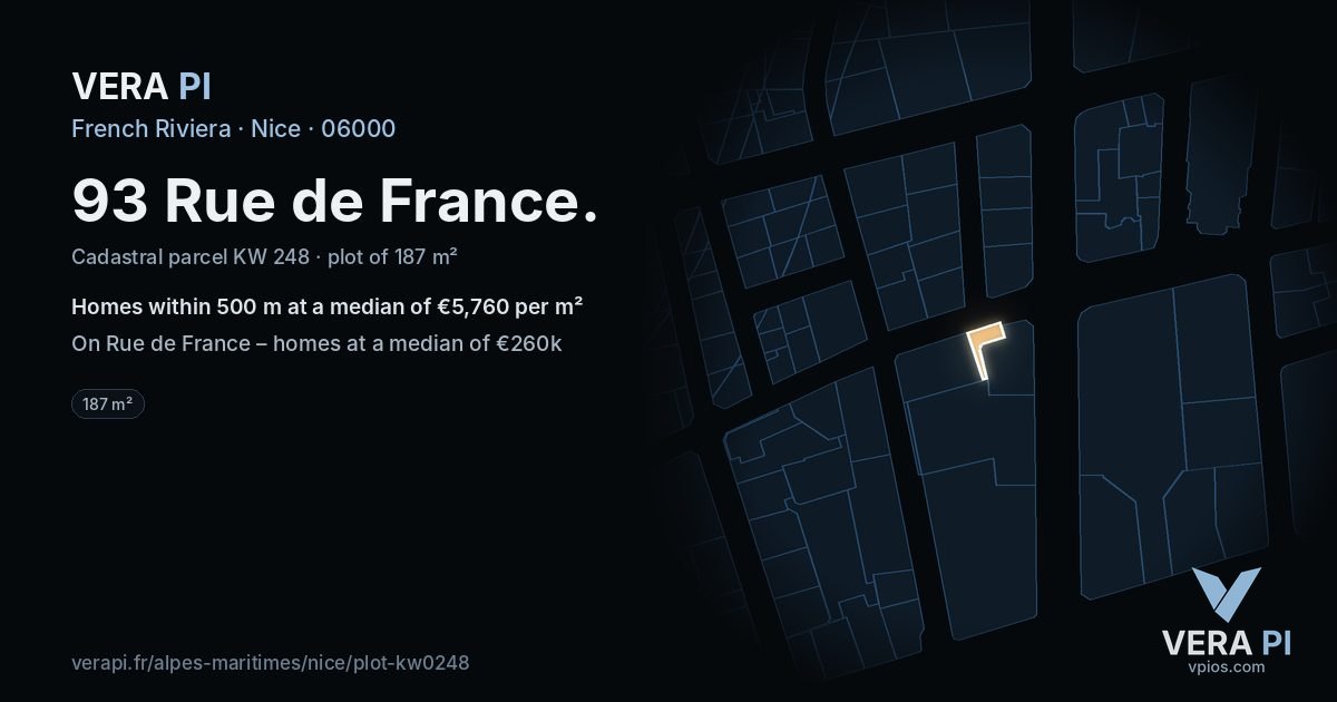 93 Rue de France, Nice at night – the plot lit, the parcels around coloured by the prices near them