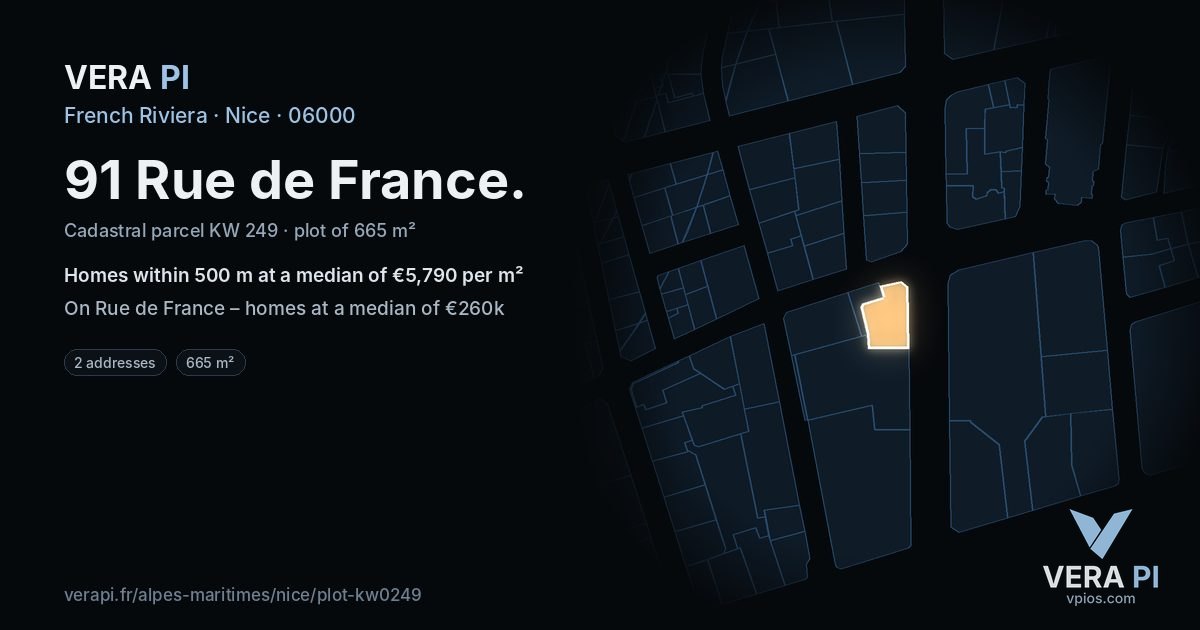 91 Rue de France, Nice at night – the plot lit, the parcels around coloured by the prices near them