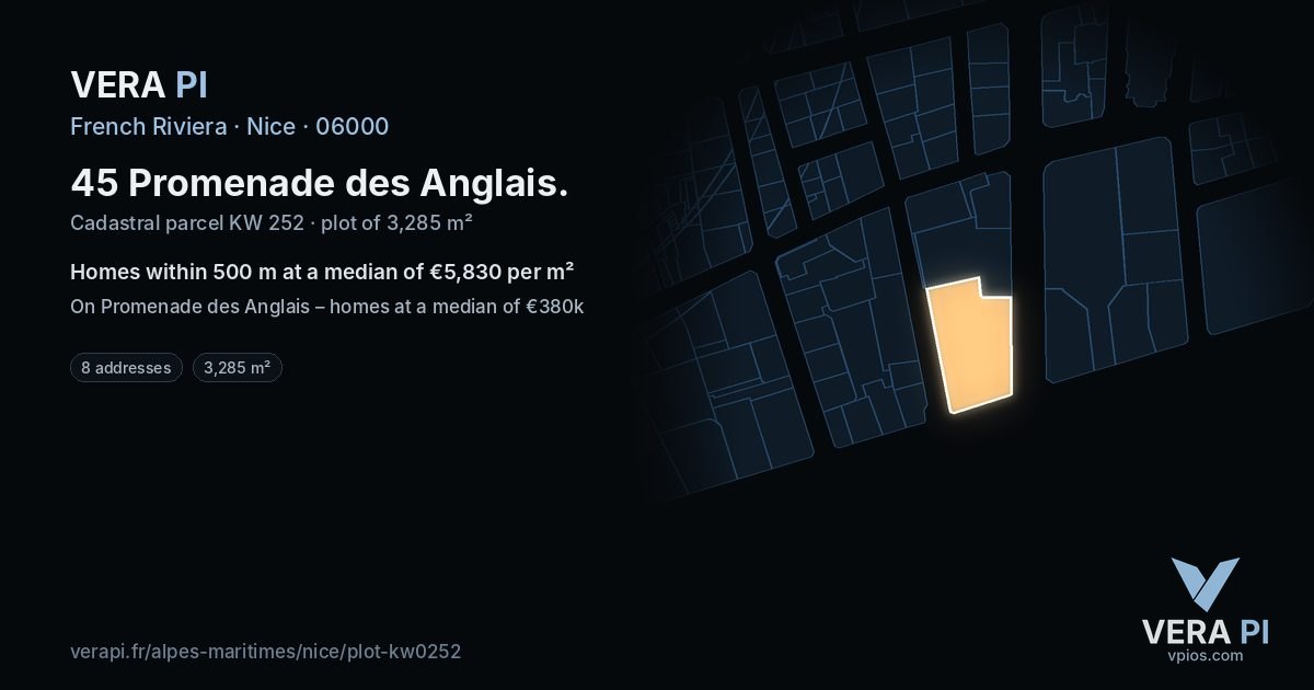 45 Promenade des Anglais, Nice at night – the plot lit, the parcels around coloured by the prices near them