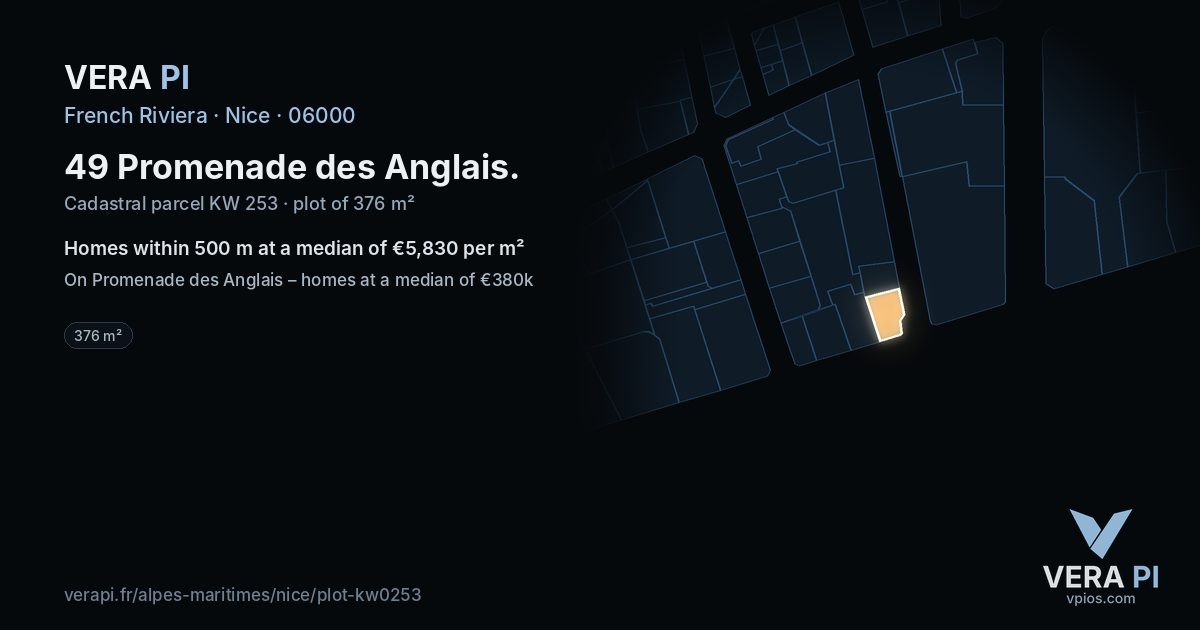 49 Promenade des Anglais, Nice at night – the plot lit, the parcels around coloured by the prices near them