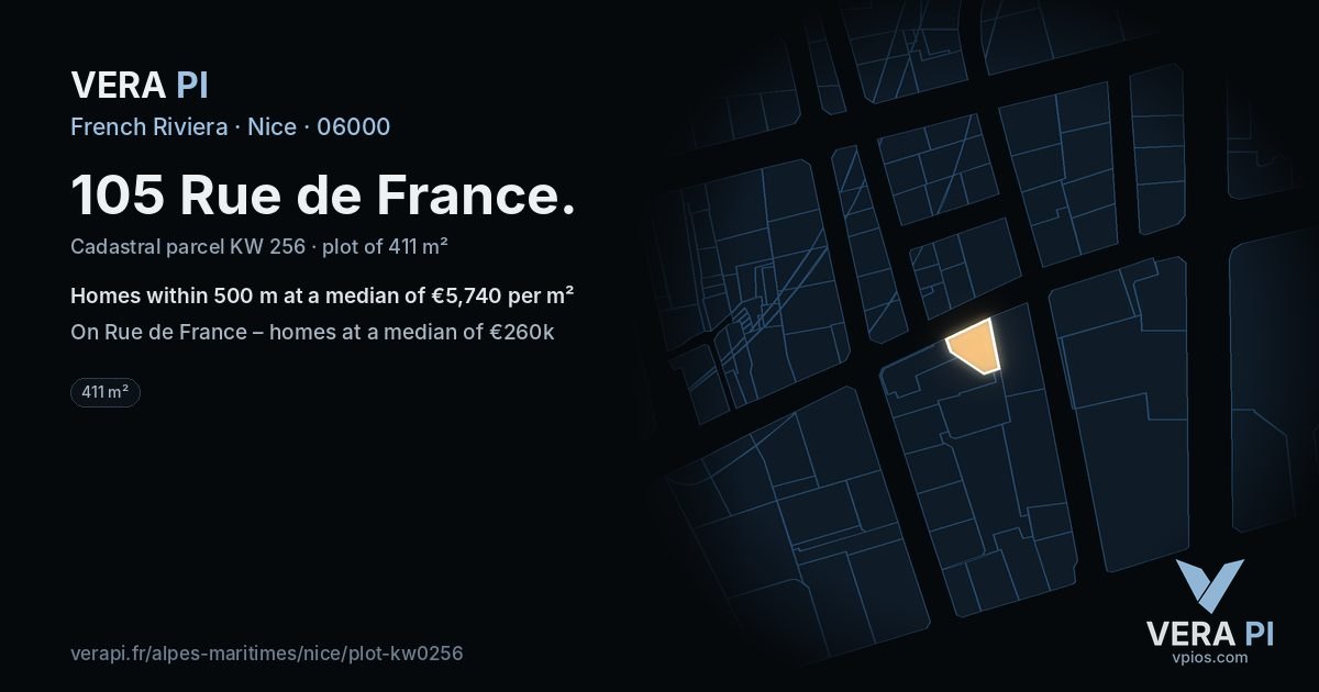 105 Rue de France, Nice at night – the plot lit, the parcels around coloured by the prices near them