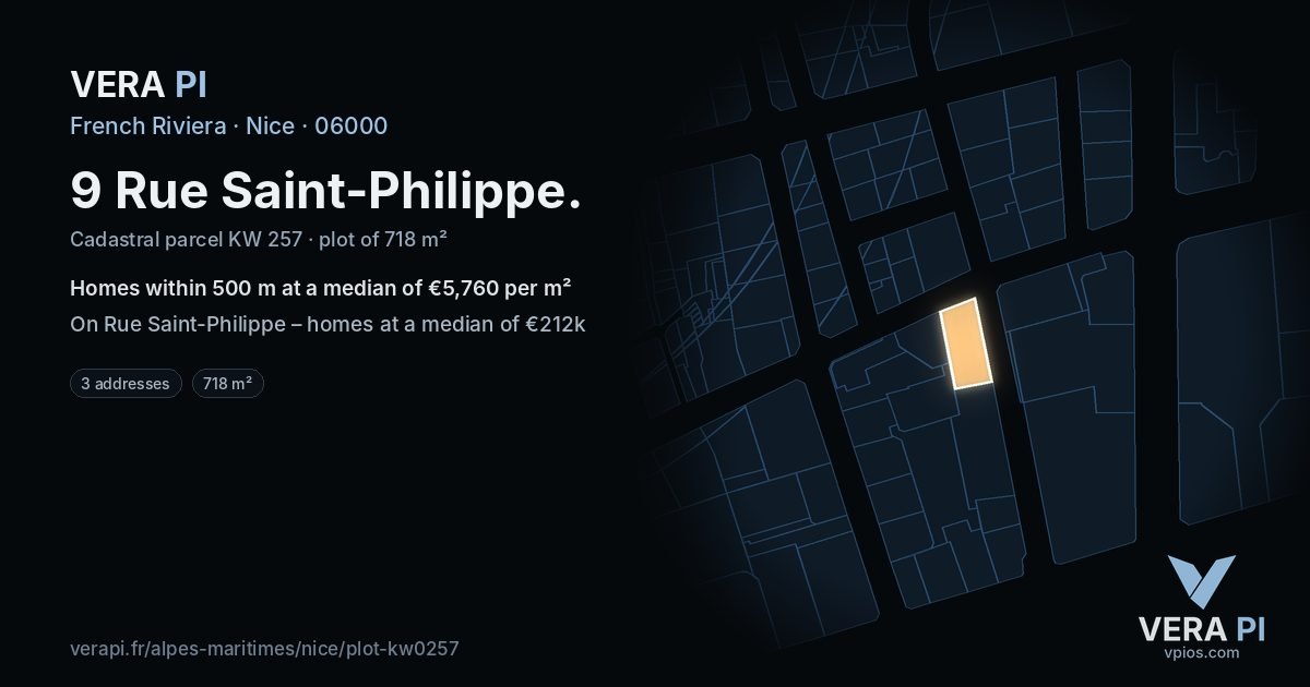 9 Rue Saint-Philippe, Nice at night – the plot lit, the parcels around coloured by the prices near them
