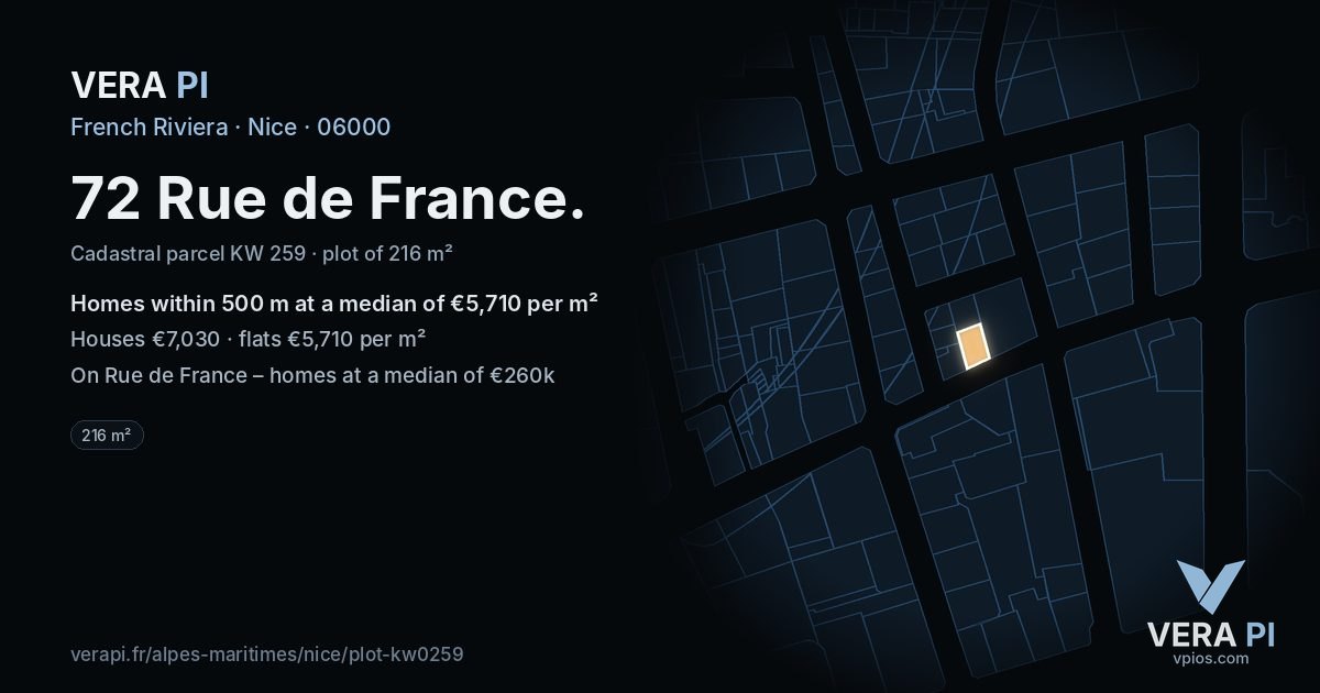 72 Rue de France, Nice at night – the plot lit, the parcels around coloured by the prices near them