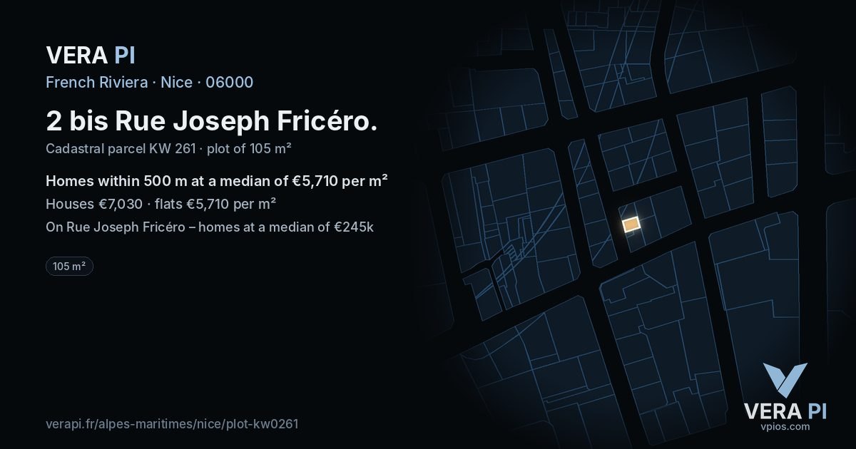 2 bis Rue Joseph Fricéro, Nice at night – the plot lit, the parcels around coloured by the prices near them