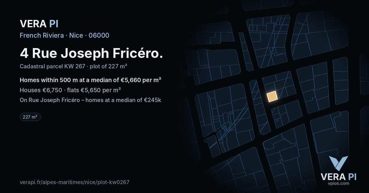 4 Rue Joseph Fricéro, Nice at night – the plot lit, the parcels around coloured by the prices near them