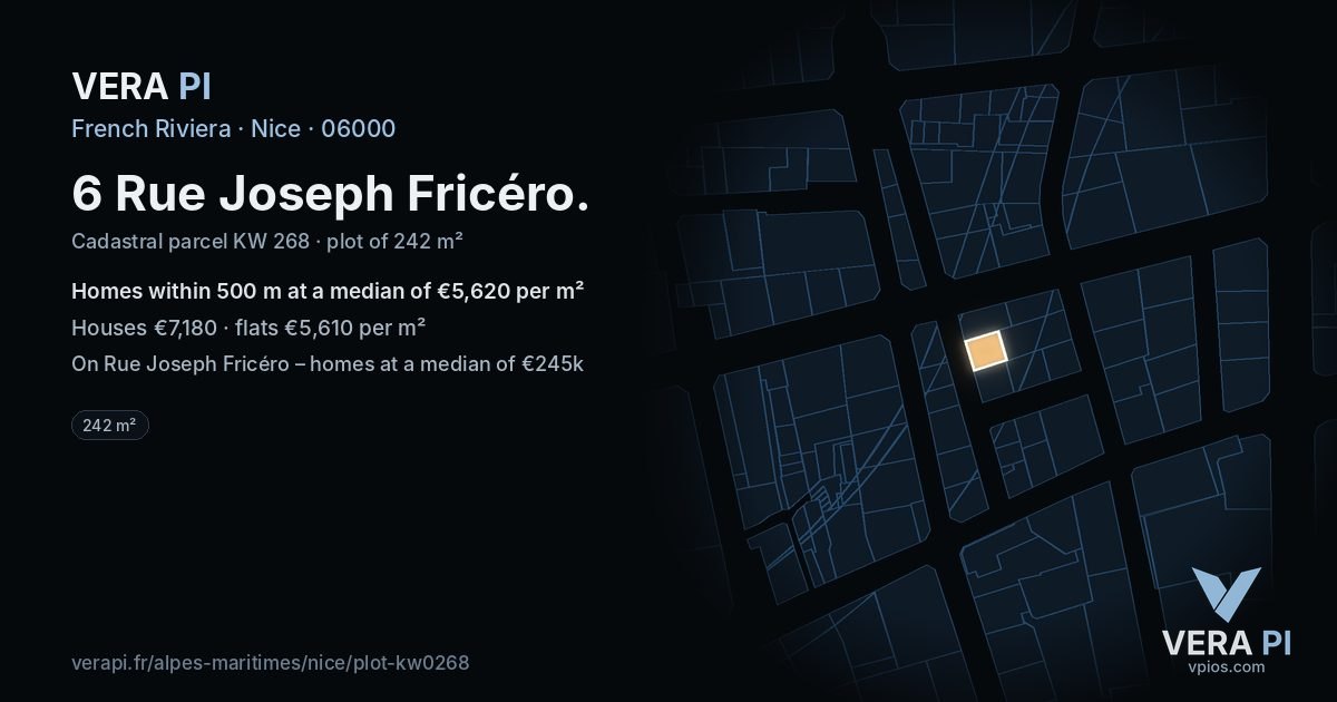 6 Rue Joseph Fricéro, Nice at night – the plot lit, the parcels around coloured by the prices near them