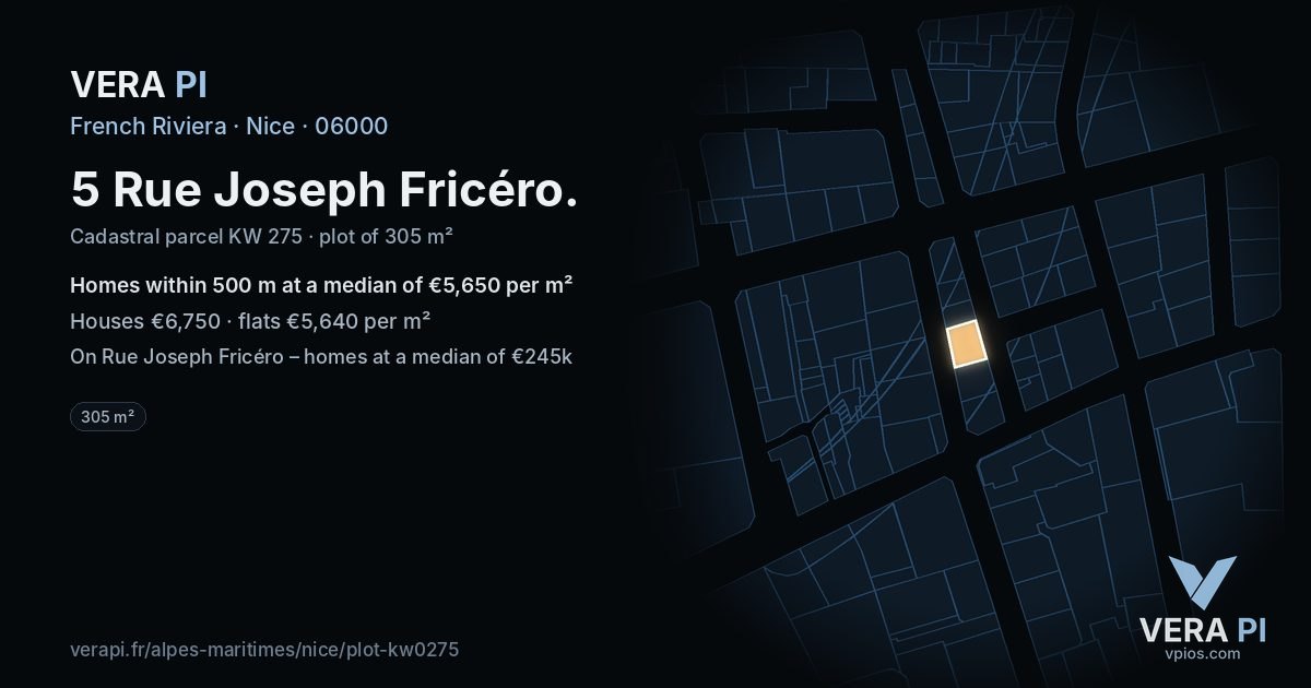 5 Rue Joseph Fricéro, Nice at night – the plot lit, the parcels around coloured by the prices near them