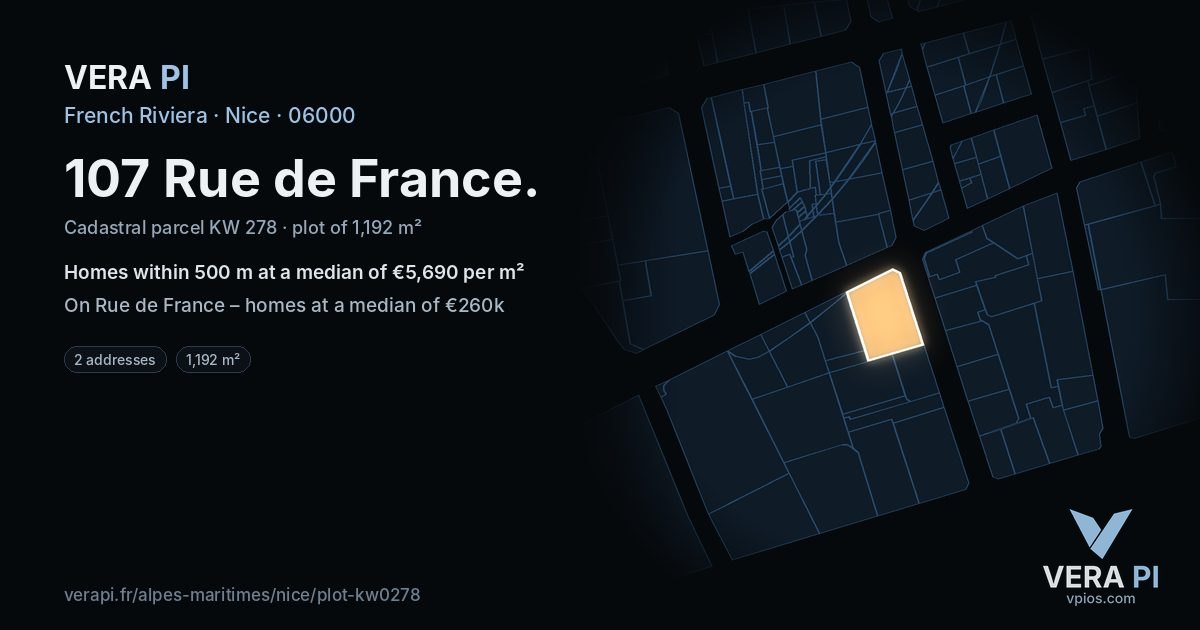 107 Rue de France, Nice at night – the plot lit, the parcels around coloured by the prices near them