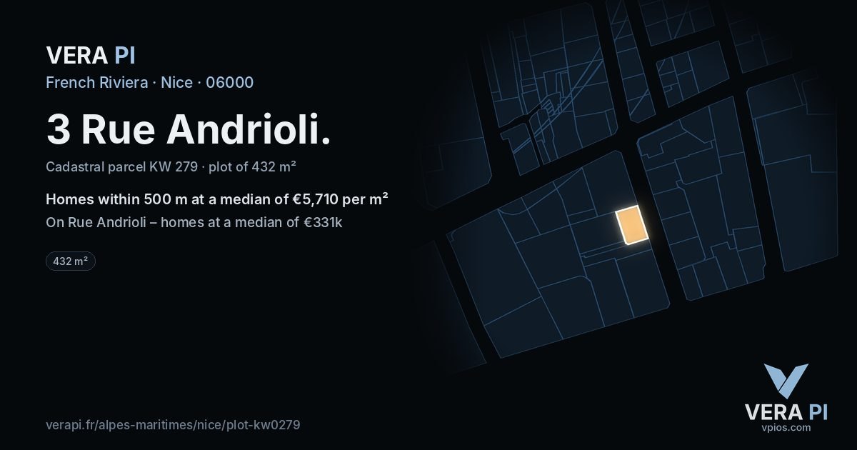 3 Rue Andrioli, Nice at night – the plot lit, the parcels around coloured by the prices near them