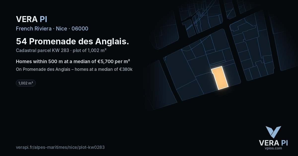 54 Promenade des Anglais, Nice at night – the plot lit, the parcels around coloured by the prices near them