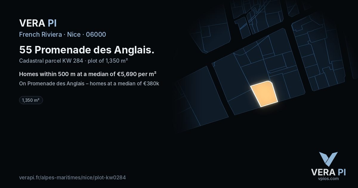 55 Promenade des Anglais, Nice at night – the plot lit, the parcels around coloured by the prices near them