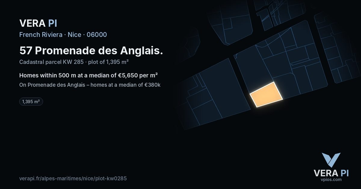 57 Promenade des Anglais, Nice at night – the plot lit, the parcels around coloured by the prices near them
