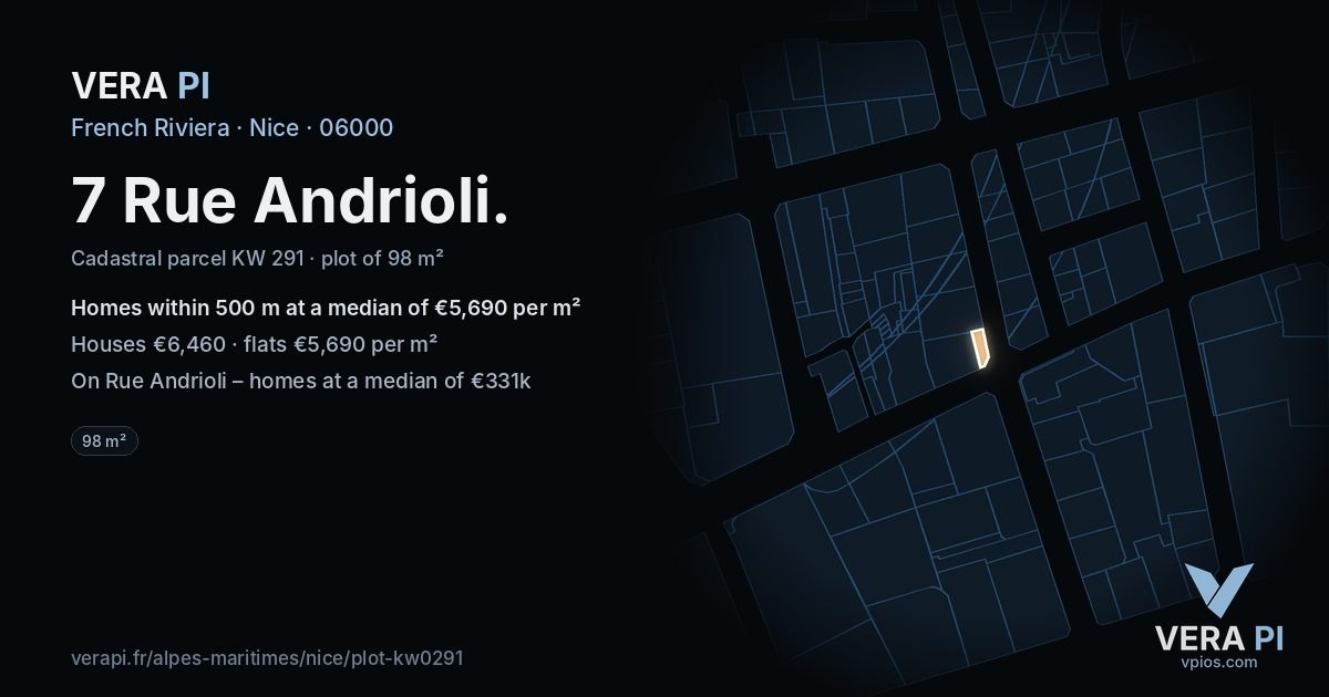 7 Rue Andrioli, Nice at night – the plot lit, the parcels around coloured by the prices near them