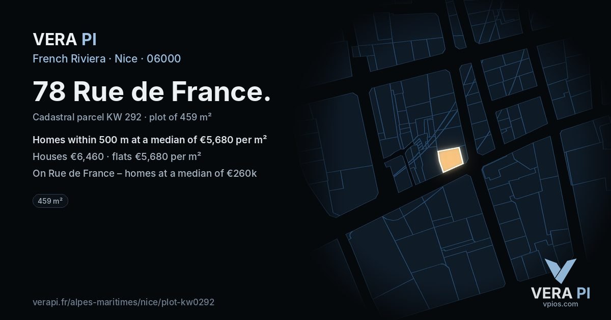 78 Rue de France, Nice at night – the plot lit, the parcels around coloured by the prices near them