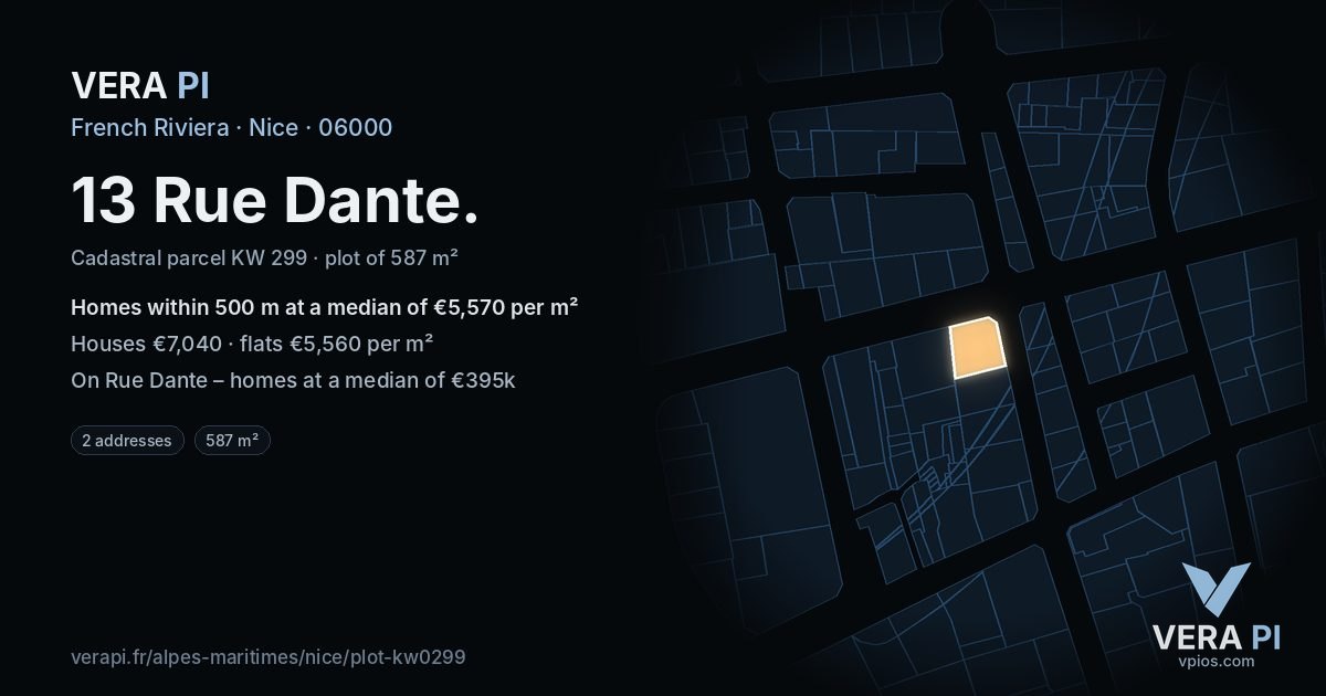 13 Rue Dante, Nice at night – the plot lit, the parcels around coloured by the prices near them