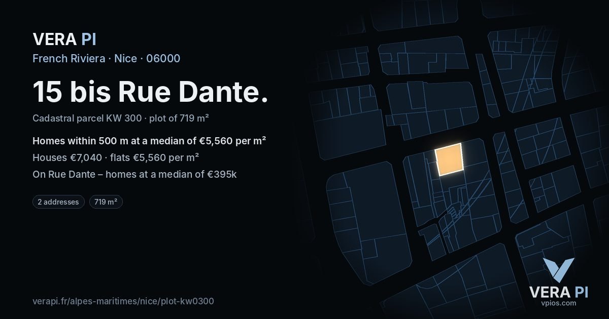 15 bis Rue Dante, Nice at night – the plot lit, the parcels around coloured by the prices near them