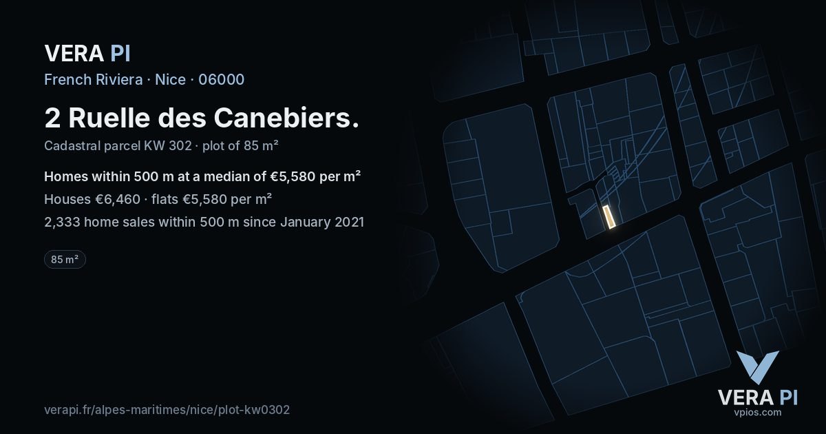2 Ruelle des Canebiers, Nice at night – the plot lit, the parcels around coloured by the prices near them