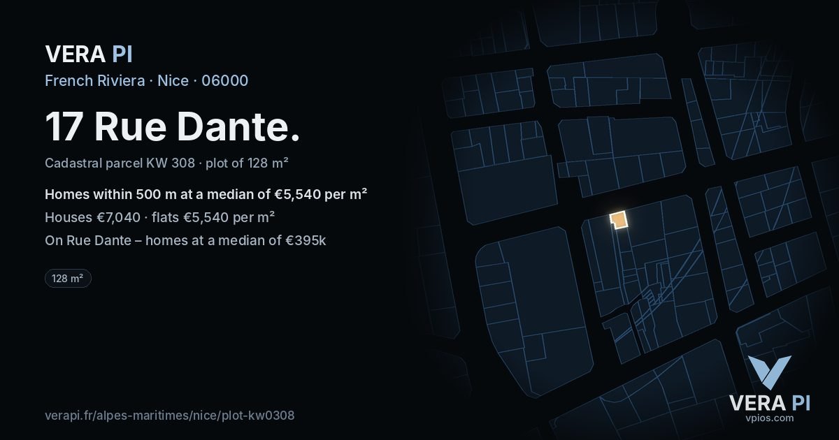 17 Rue Dante, Nice at night – the plot lit, the parcels around coloured by the prices near them