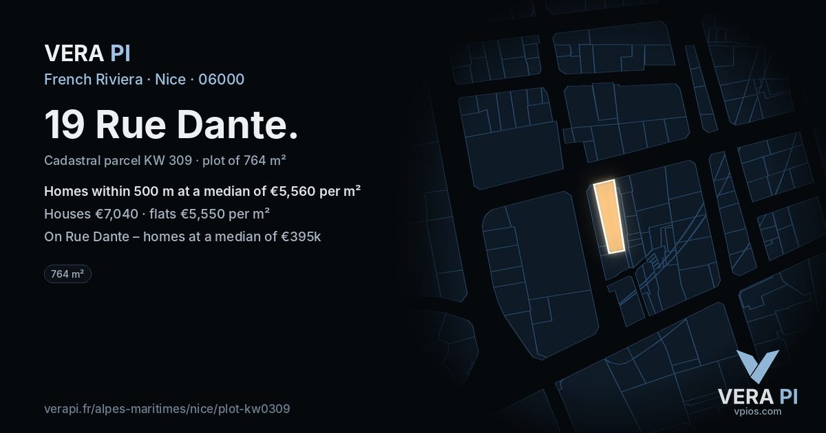19 Rue Dante, Nice at night – the plot lit, the parcels around coloured by the prices near them