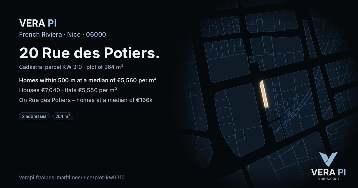 20 Rue des Potiers, Nice at night – the plot lit, the parcels around coloured by the prices near them