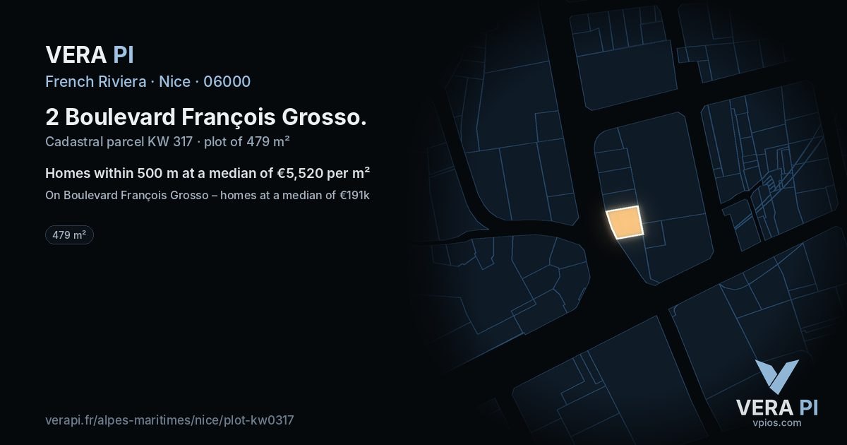 2 Boulevard François Grosso, Nice at night – the plot lit, the parcels around coloured by the prices near them