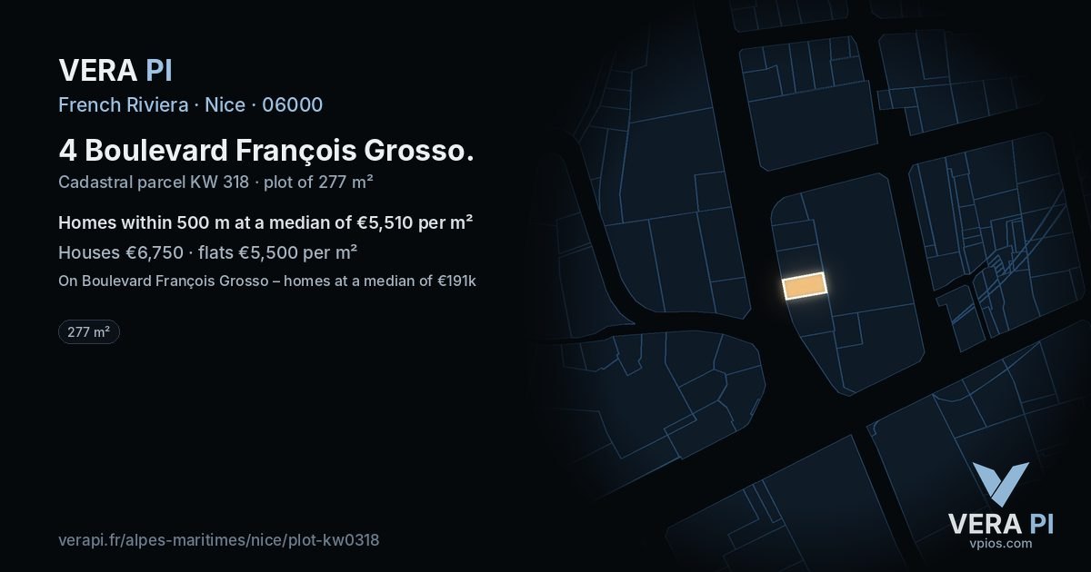 4 Boulevard François Grosso, Nice at night – the plot lit, the parcels around coloured by the prices near them