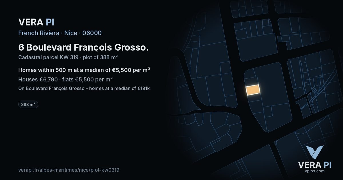 6 Boulevard François Grosso, Nice at night – the plot lit, the parcels around coloured by the prices near them