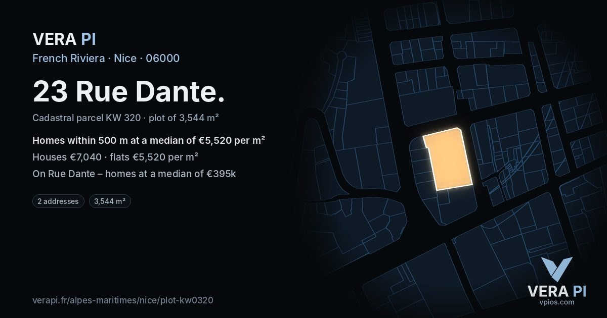 23 Rue Dante, Nice at night – the plot lit, the parcels around coloured by the prices near them