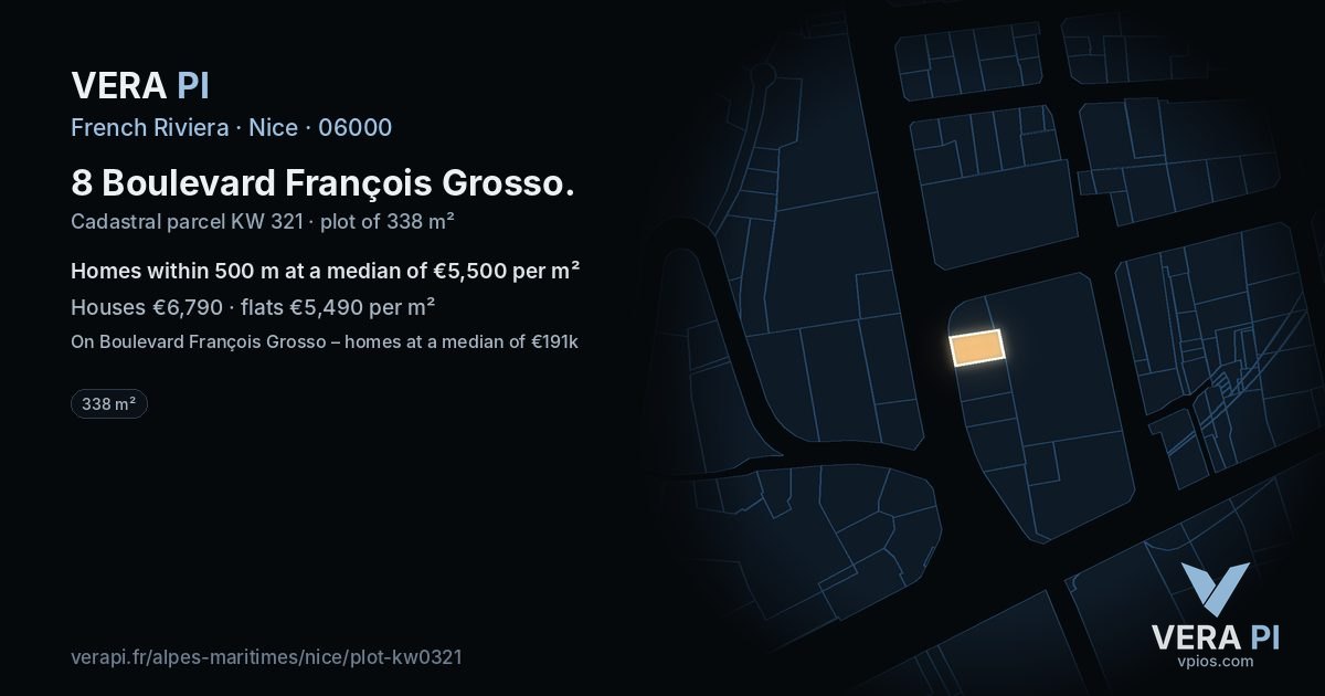 8 Boulevard François Grosso, Nice at night – the plot lit, the parcels around coloured by the prices near them