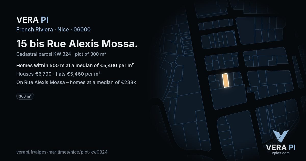15 bis Rue Alexis Mossa, Nice at night – the plot lit, the parcels around coloured by the prices near them