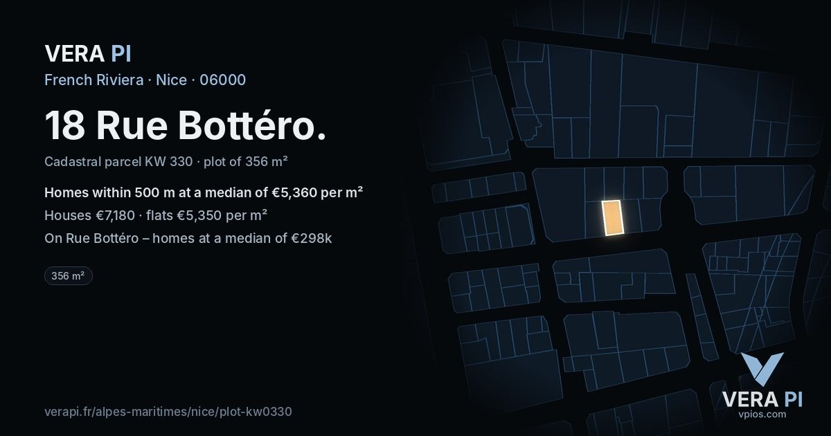 18 Rue Bottéro, Nice at night – the plot lit, the parcels around coloured by the prices near them