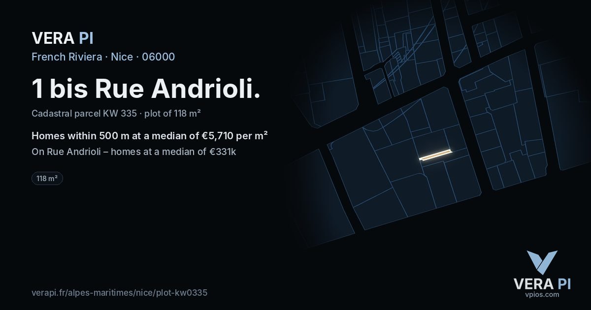 1 bis Rue Andrioli, Nice at night – the plot lit, the parcels around coloured by the prices near them