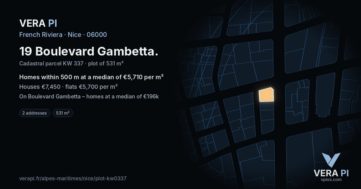 19 Boulevard Gambetta, Nice at night – the plot lit, the parcels around coloured by the prices near them