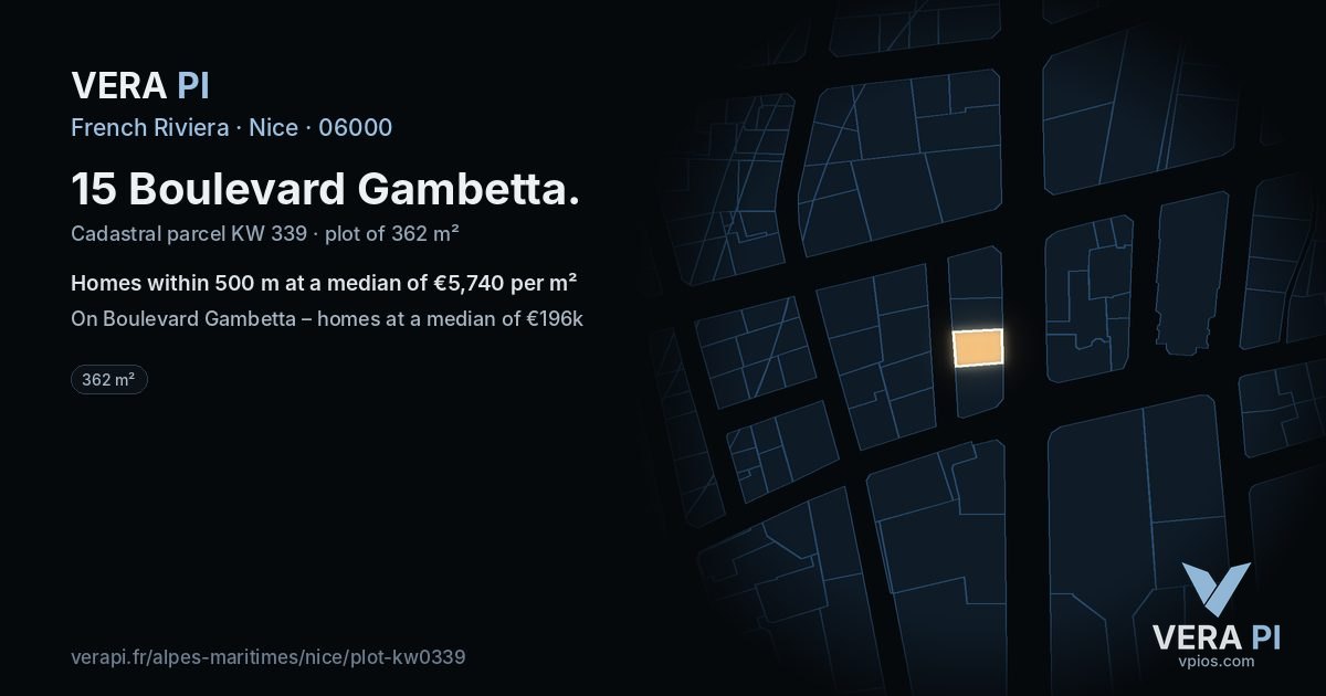 15 Boulevard Gambetta, Nice at night – the plot lit, the parcels around coloured by the prices near them