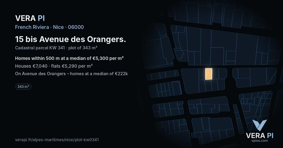 15 bis Avenue des Orangers, Nice at night – the plot lit, the parcels around coloured by the prices near them
