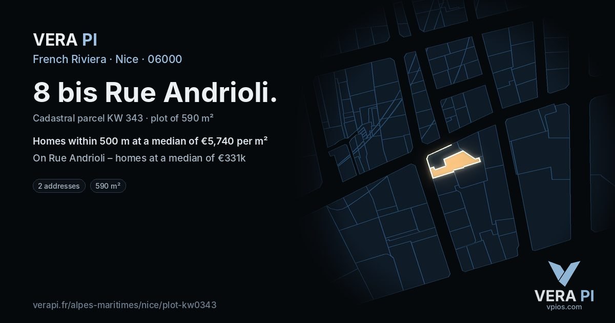8 bis Rue Andrioli, Nice at night – the plot lit, the parcels around coloured by the prices near them
