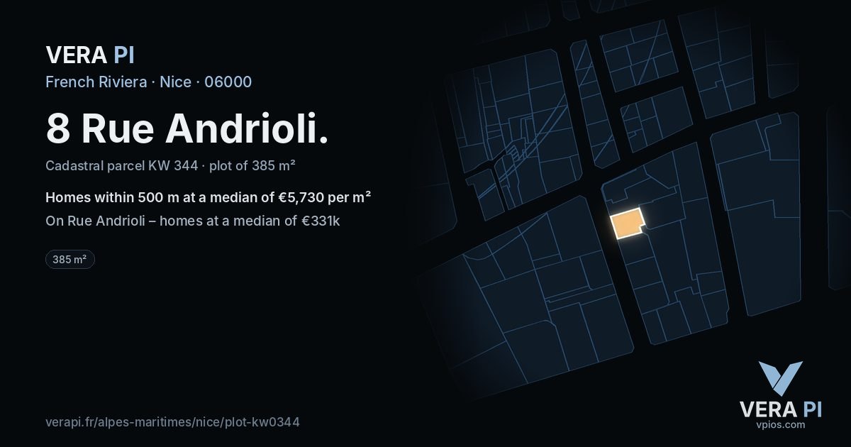 8 Rue Andrioli, Nice at night – the plot lit, the parcels around coloured by the prices near them
