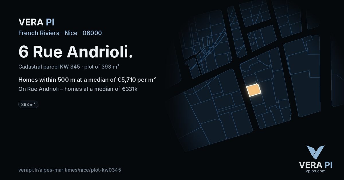 6 Rue Andrioli, Nice at night – the plot lit, the parcels around coloured by the prices near them