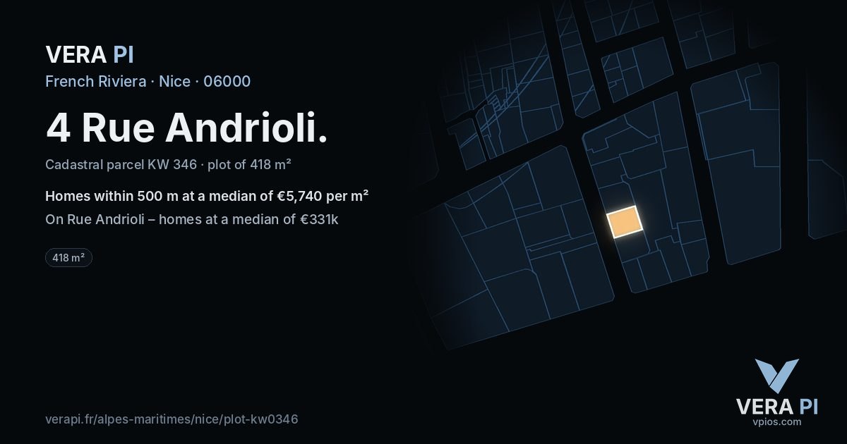 4 Rue Andrioli, Nice at night – the plot lit, the parcels around coloured by the prices near them